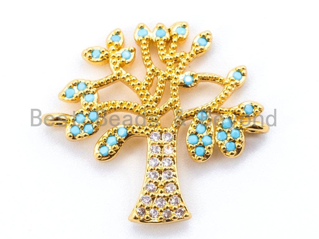 CZ Micro Pave Turquoise Lift Tree Connector, Cubic Zirconia Tree Spacer Connector/Charm for Necklace Bracelet, 21x23mm,sku#M58