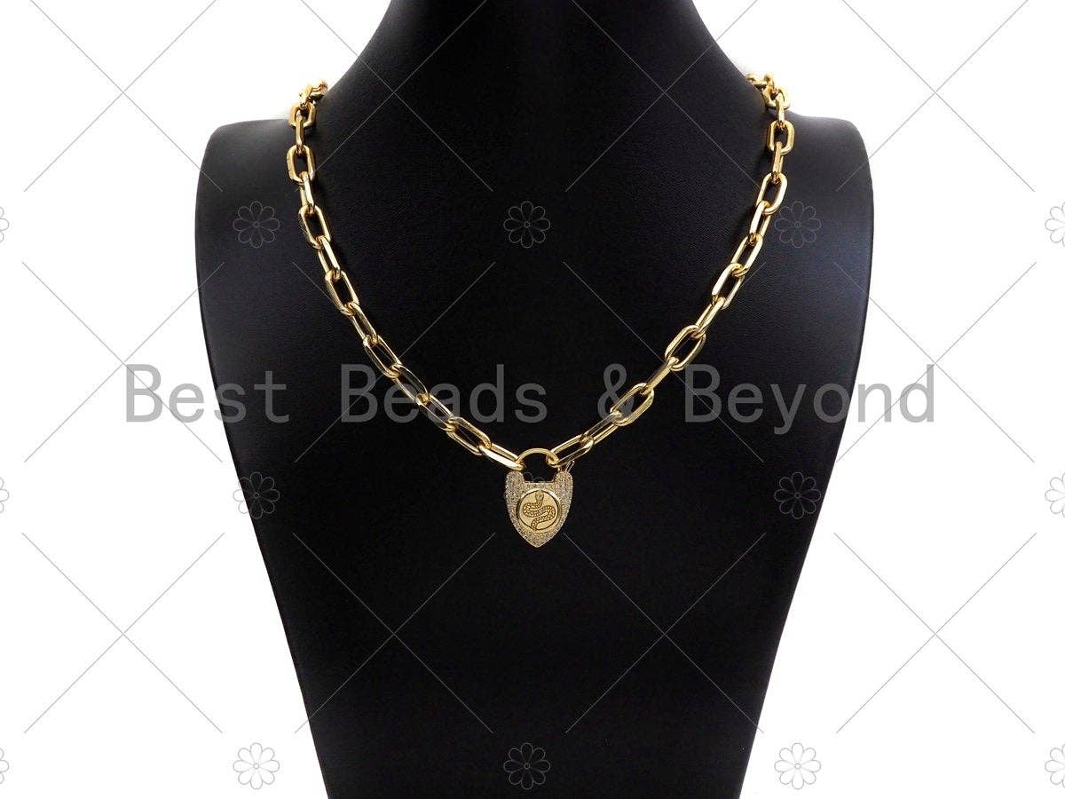 CZ Micro Pave Snake Padlock Heart Clasp Charms, Snake CZ On Padlock Clasp, Gold snake lock, Padlock Necklace Charms, 17x25mm, Sku#K163