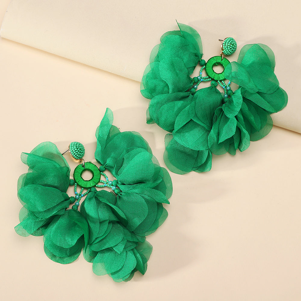 Handmade Bohemian Beaded Chiffon Flower Tassel Earrings For Women Tropical Vacation Statement Jewelry