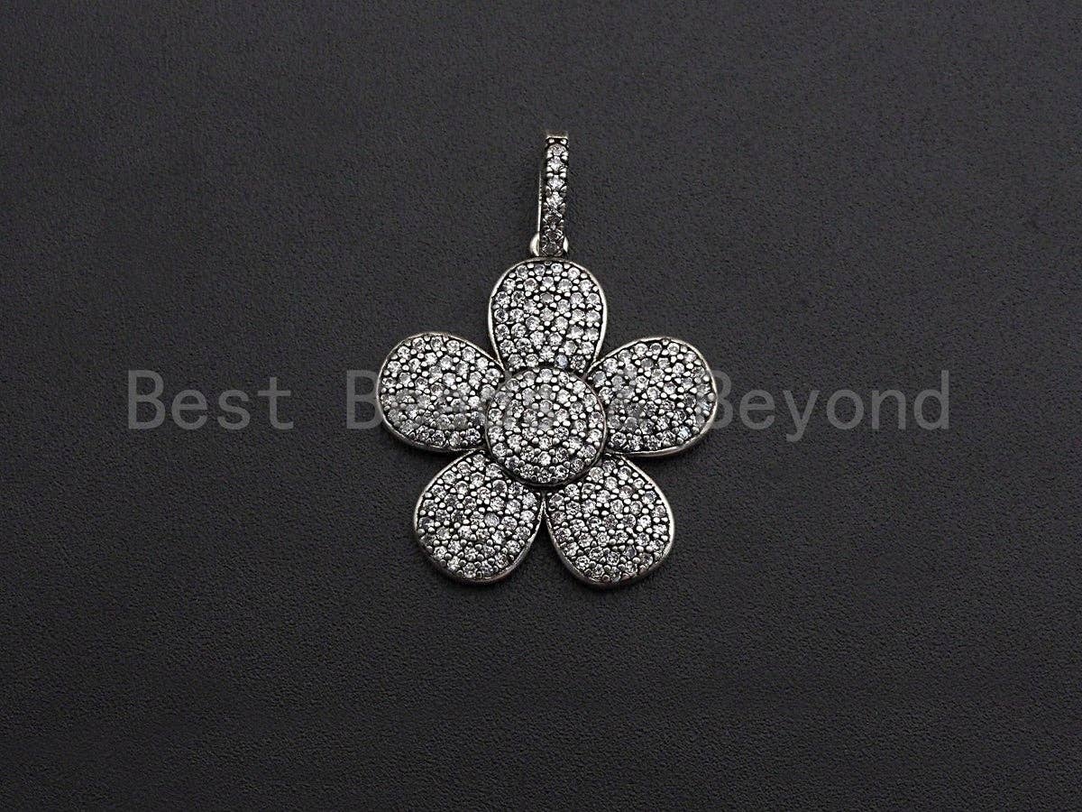 Antique Silver CZ Micro Pave Flower Pendant, Antique Silver Tone, Cubic Zirconia Pave Daisy Flower Charm Pendant, 24x26mm,sku#F1031