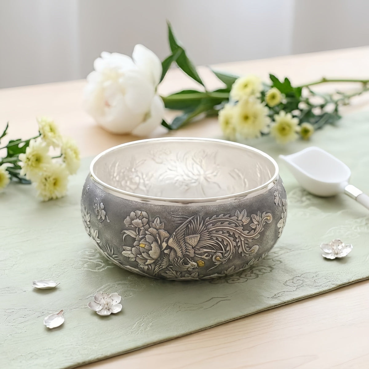 Pure 999 Fine Silver Hand-Engraved Sterling Silver Bowl Featuring Traditional Phoenix and Peony Blossom Motifs - Handicraft