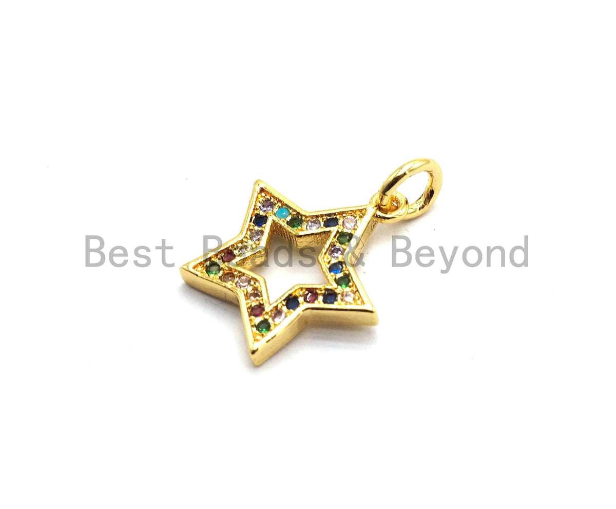 CZ Colorful Micro Pave Five Point Star Shape Pendant, Five Star Shaped Pave Pendant, Gold plated,14x15mm, Sku#F719