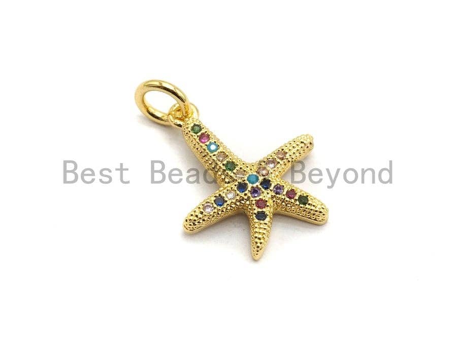 CZ Colorful Micro Pave Starfish Pendant, Starfish ar Shaped Pave Pendant, Gold plated, 13x15mm, Sku#F686