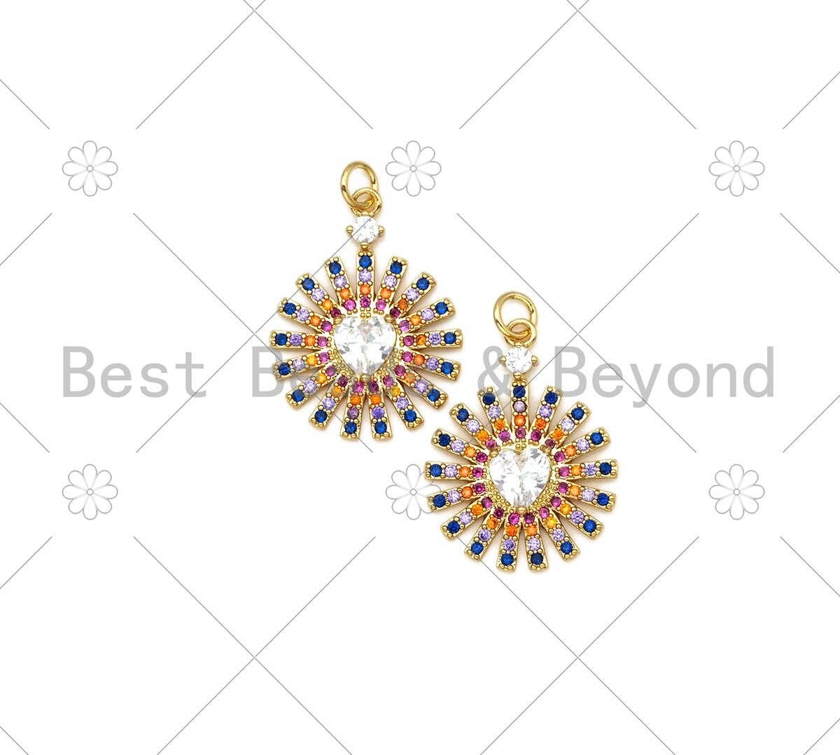 Colorful CZ Micro Pave Sunflower with Big CZ Heart Shape Pendan,18K Gold Filled Flower Charm, Necklace Bracelet Charm, 26x19mm, Sku#LK434