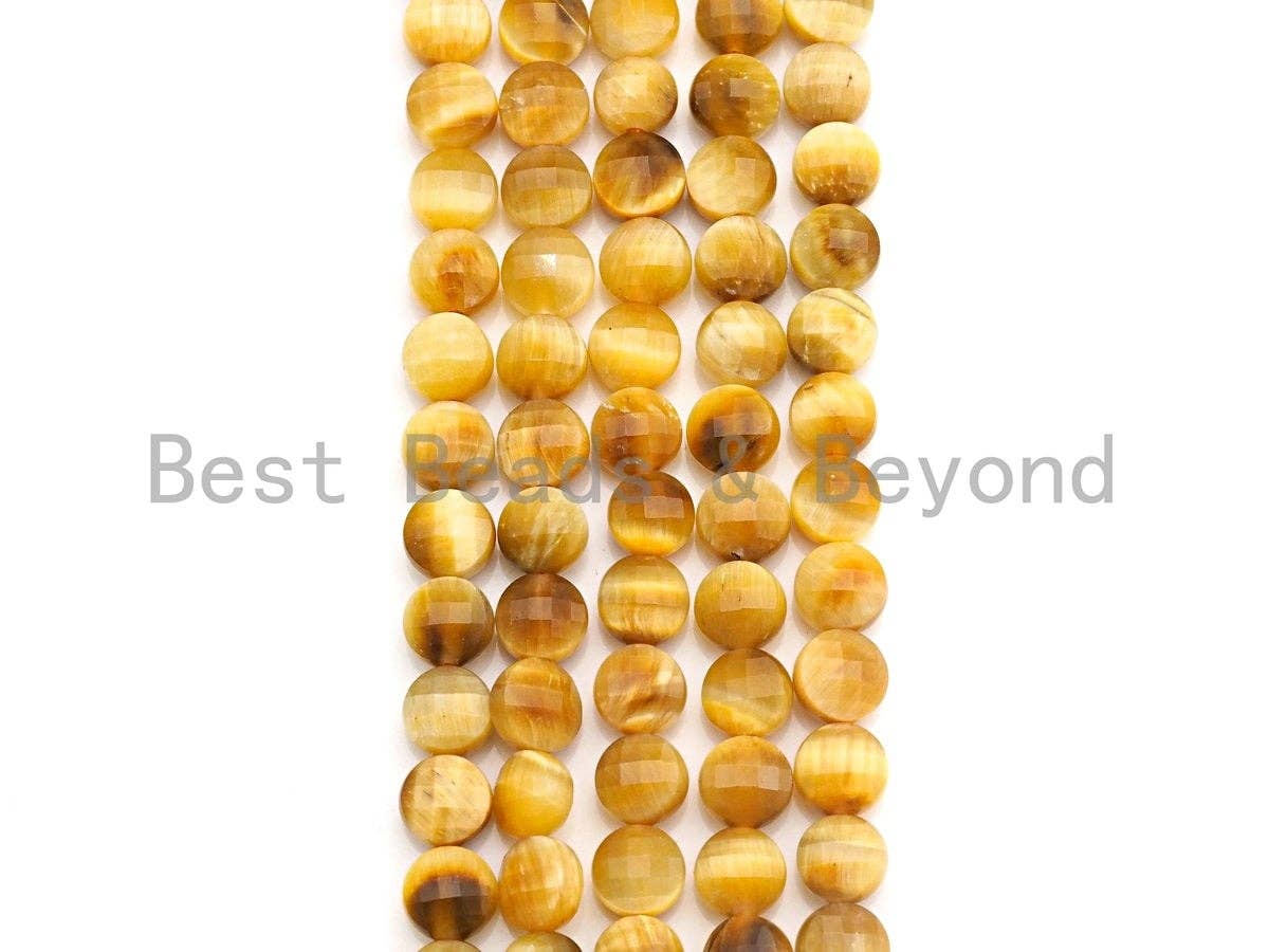 High Quality Gold Tiger Eye Checkerboard Cut Coin Shape beads, 6mm/8mm/10mm Turtle Shell Cut Tiger Eye Beads, 16" Full strand, Sku#U692
