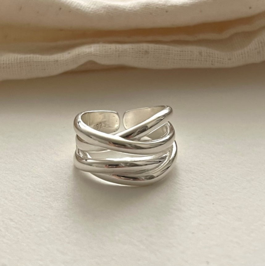 S925 Sterling Silver Heavy Craft Irregular Cross Line Ring, Multi-Layer Niche Silver Jewelry For Women, INS Style Band