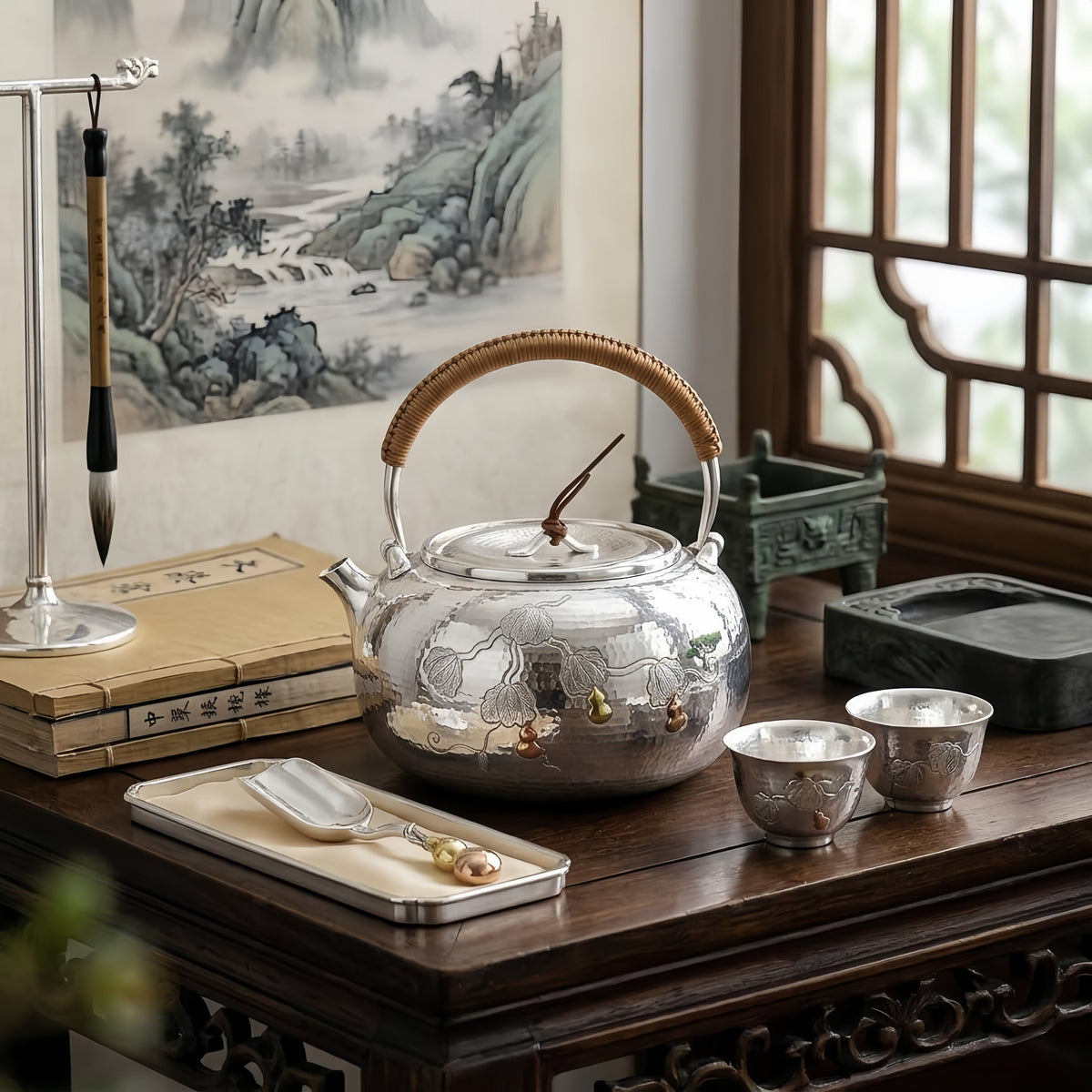Pure 999 Fine Silver Handcrafted Hammered Silver Teapot with Gourd Vine Relief and Rattan Handle - Handicraft