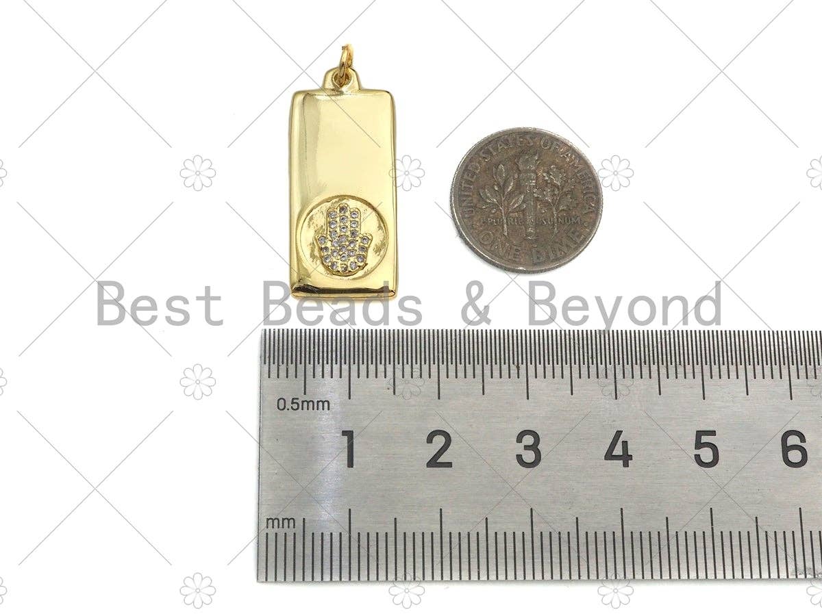 CZ Micro Pave Heart Evil Eye Cross Hamsa Hand On Rectangle Pendant,Dainty Gold Medallion Charm,Necklace Bracelet Charm,12x28mm,Sku#LK277