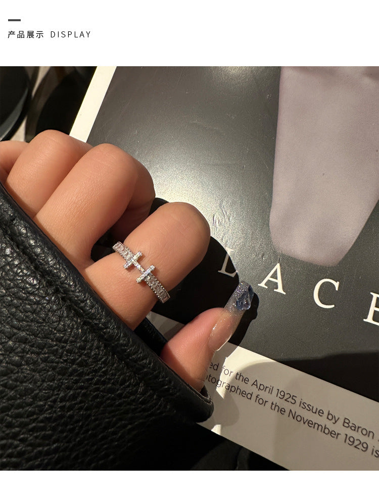 Elegant Light Luxury High-End Diamond Ring For Women, INS Versatile Open Index Finger Ring, Niche Simple Sparkling Zircon Band