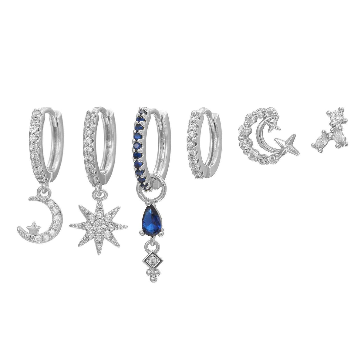 Multi Sets of Blue Flower Pierced Earrings, 4-6pcs, 18k Gold Plated Stud Drop Hoop Huggie Cuff Chain, S925 Needle