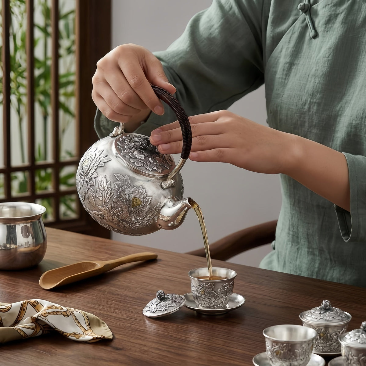 Pure 999 Fine Silver Elegant Silver Teapot with Intricate Peony Engravings and Traditional Woven Handle - Handicraft