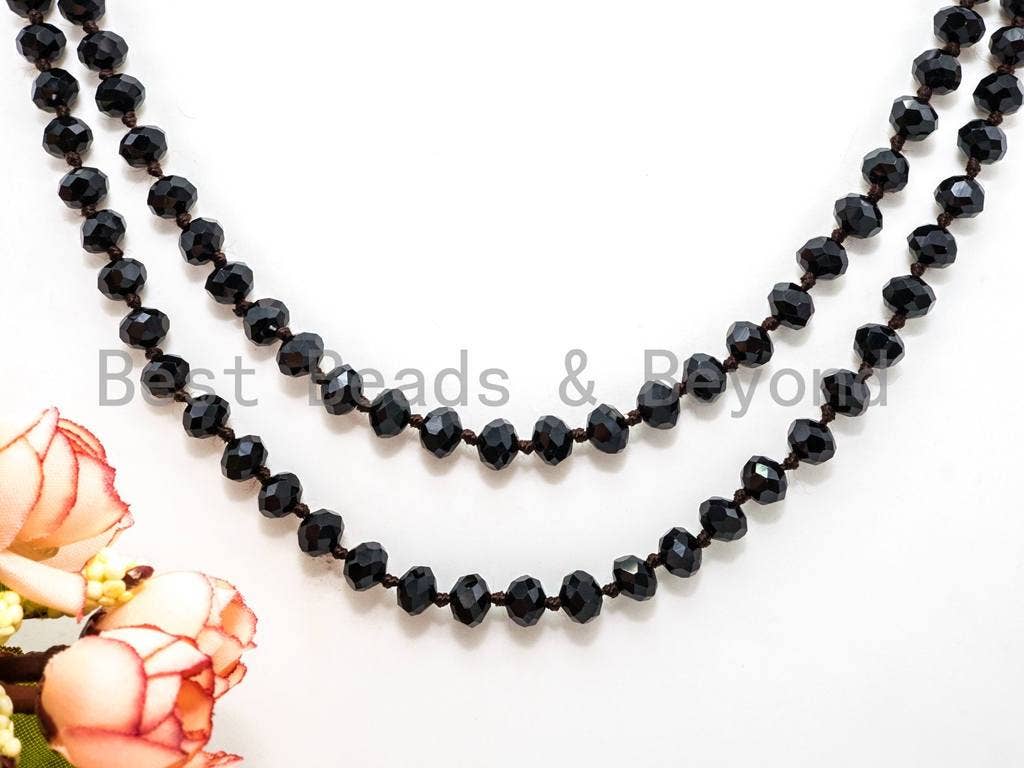 60/36 Long Hand Knotted Black Crystal Necklace, SKU#D10
