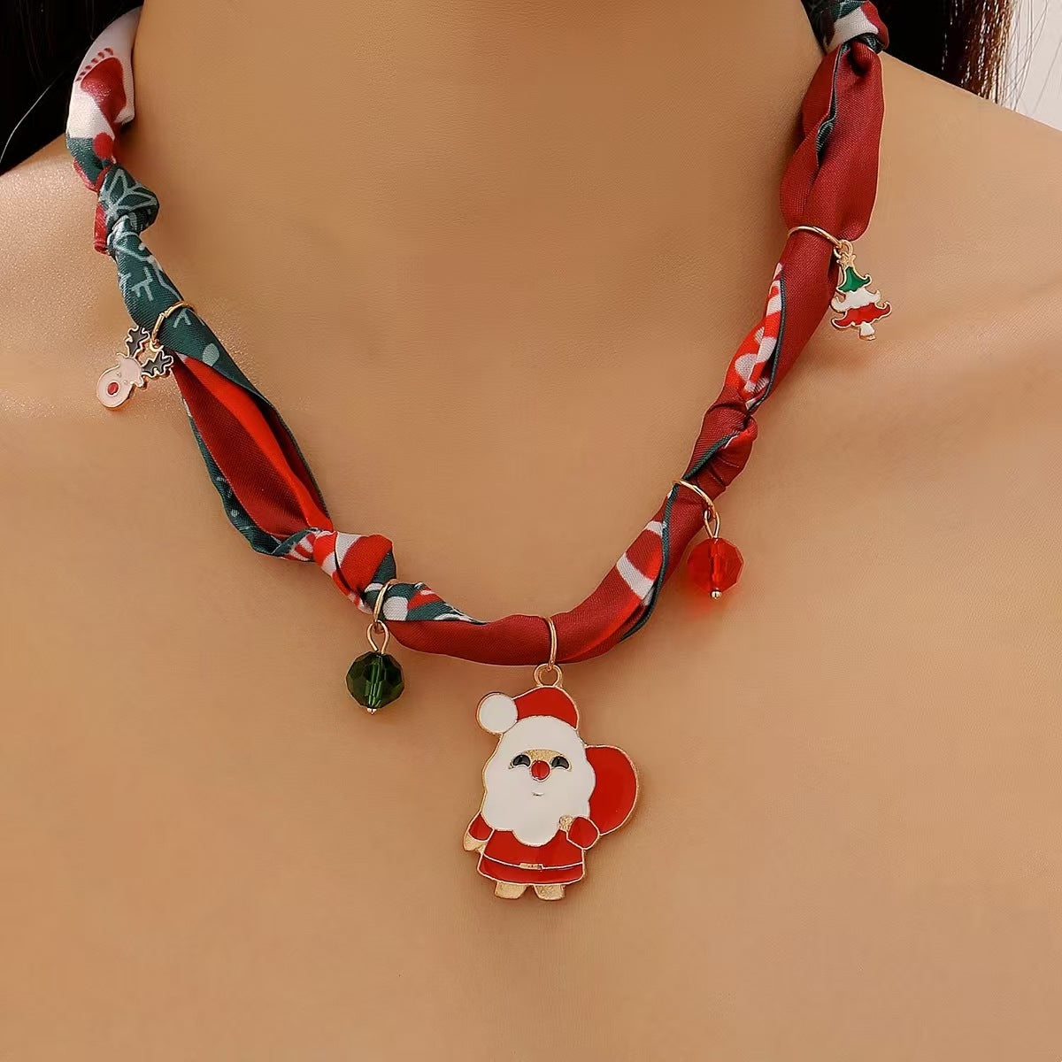 European And American Cross-Border Jewelry Personalized High-End Christmas Tree Elk Santa Bell Pendant Silk Scarf Necklace