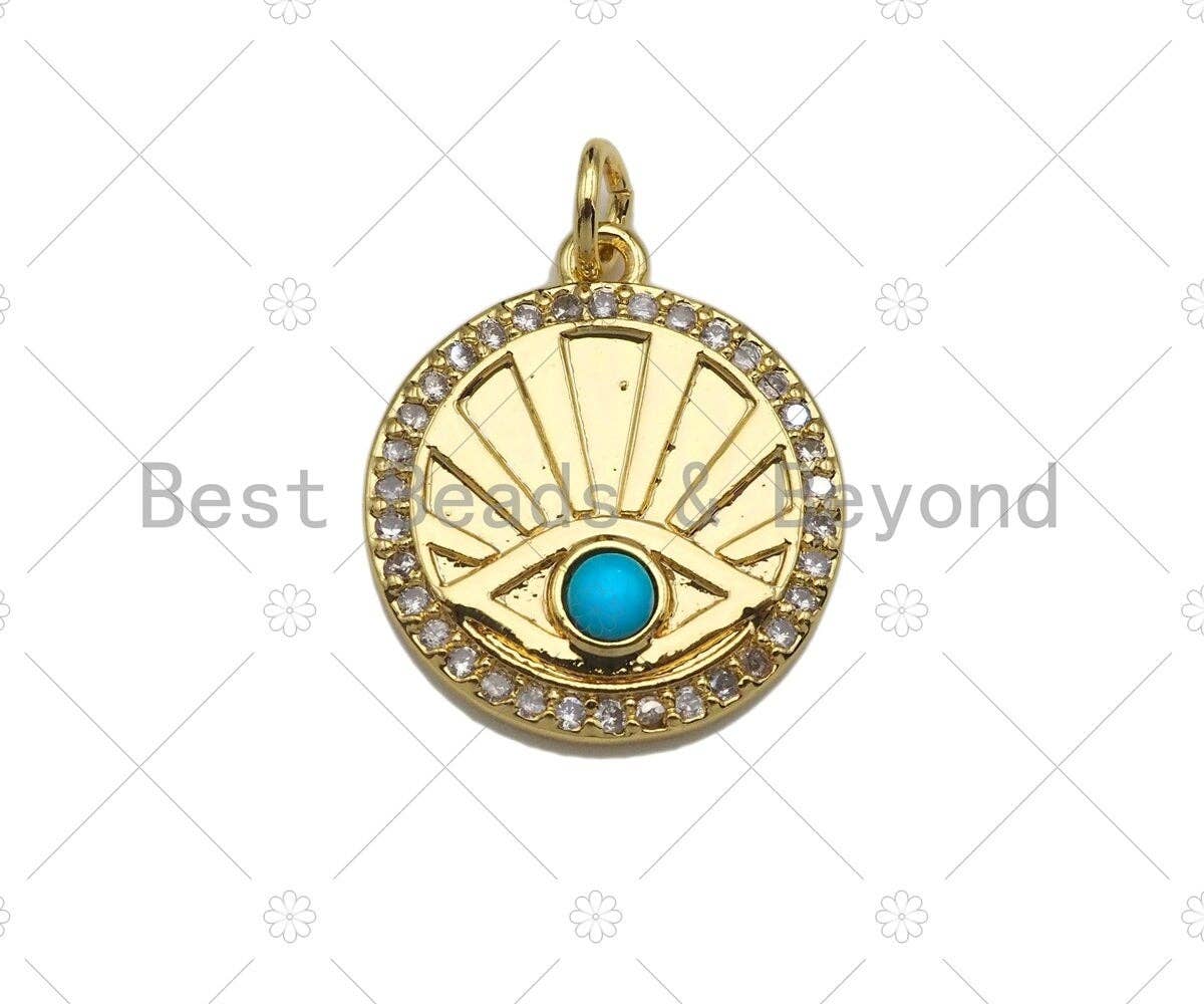 Red/Turquoise CZ Micro Pave Evil Eye On Round Coin Pendant/Charm,Cubic Zirconia Charm, Necklace Bracelet Charm Pendant,17x19mm, Sku#L414