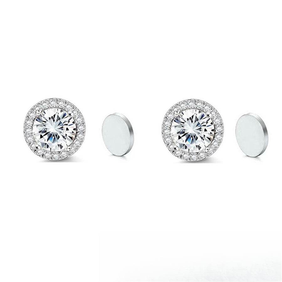 Magnetic CZ Round Halo Stud Earrings for Men Women, Non-Piercing Clip On Studs, Round Cubic Zirconia Stainless Steel