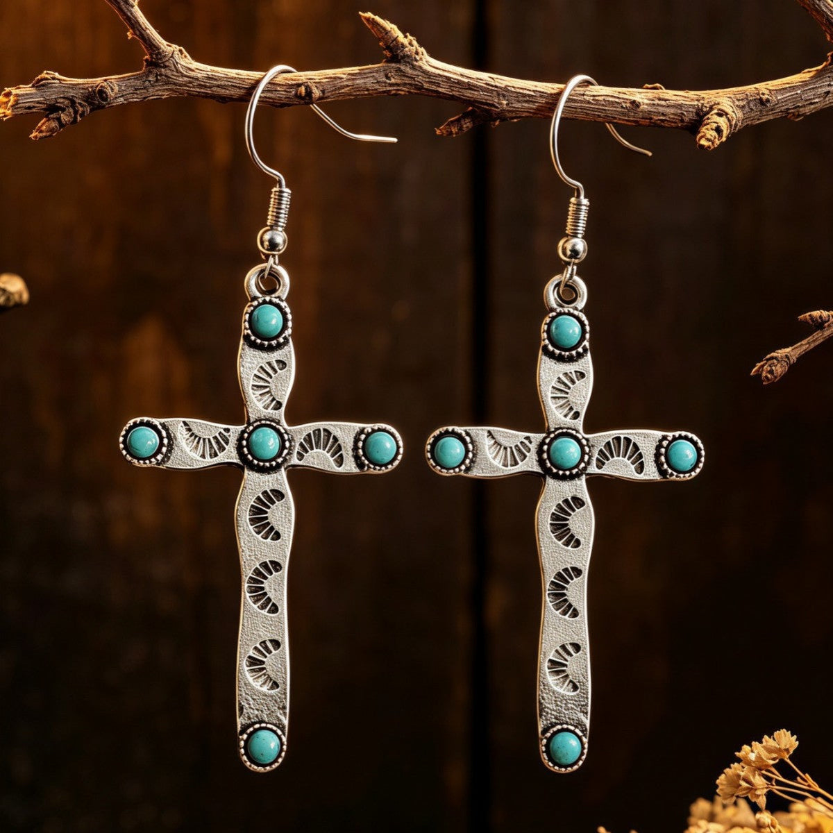 Western Turquoise Cross-shaped Earrings Vintage-style Jewelry