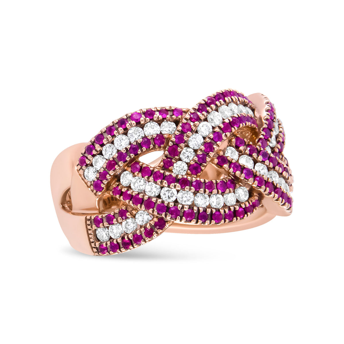 18K Rose Gold Red Ruby and 7/8 Cttw Diamond Woven Braided Band Ring (F-G Color, VS1-VS2 Clarity) - Ring Size 7