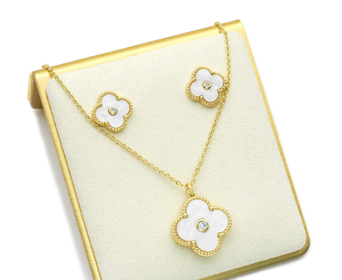 White Mother of Pearl Clover Stud Earrings and Necklace set, Sku#FH207