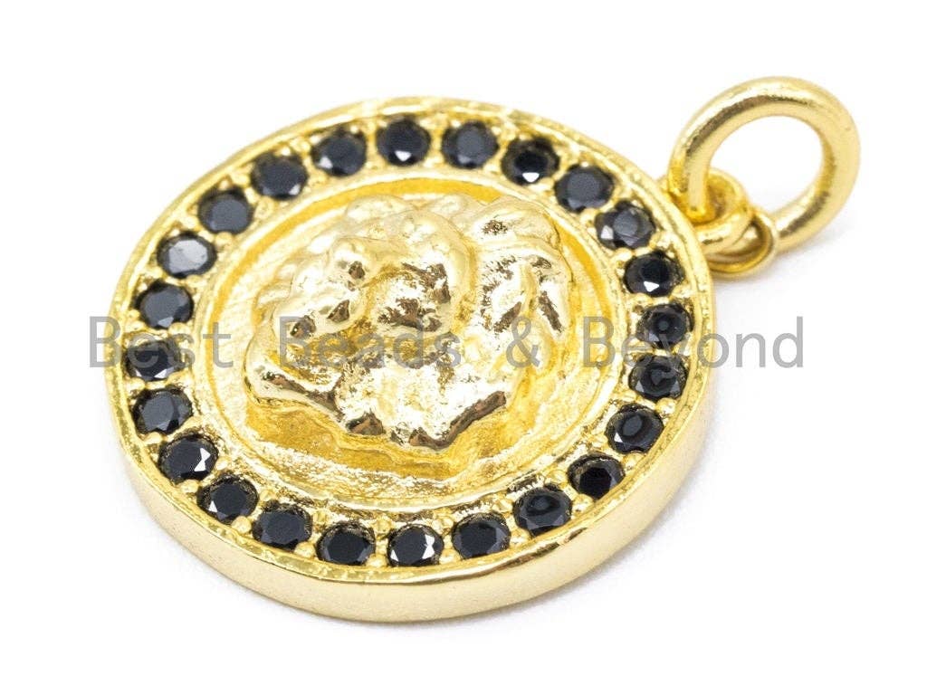 Black CZ Micro Pave Lion Head Round Pendant/Charm, Cubic Zirconia Men's Bracelet Charm Pendant,15mm,1pc/2pcs,  sku#F169