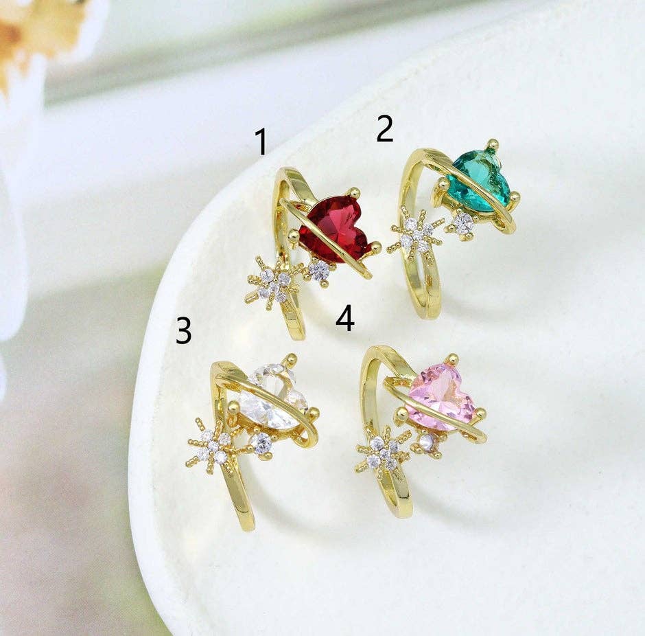 Red/Green/Pink CZ Heart with Star Adjustable Ring, Sku#LD285