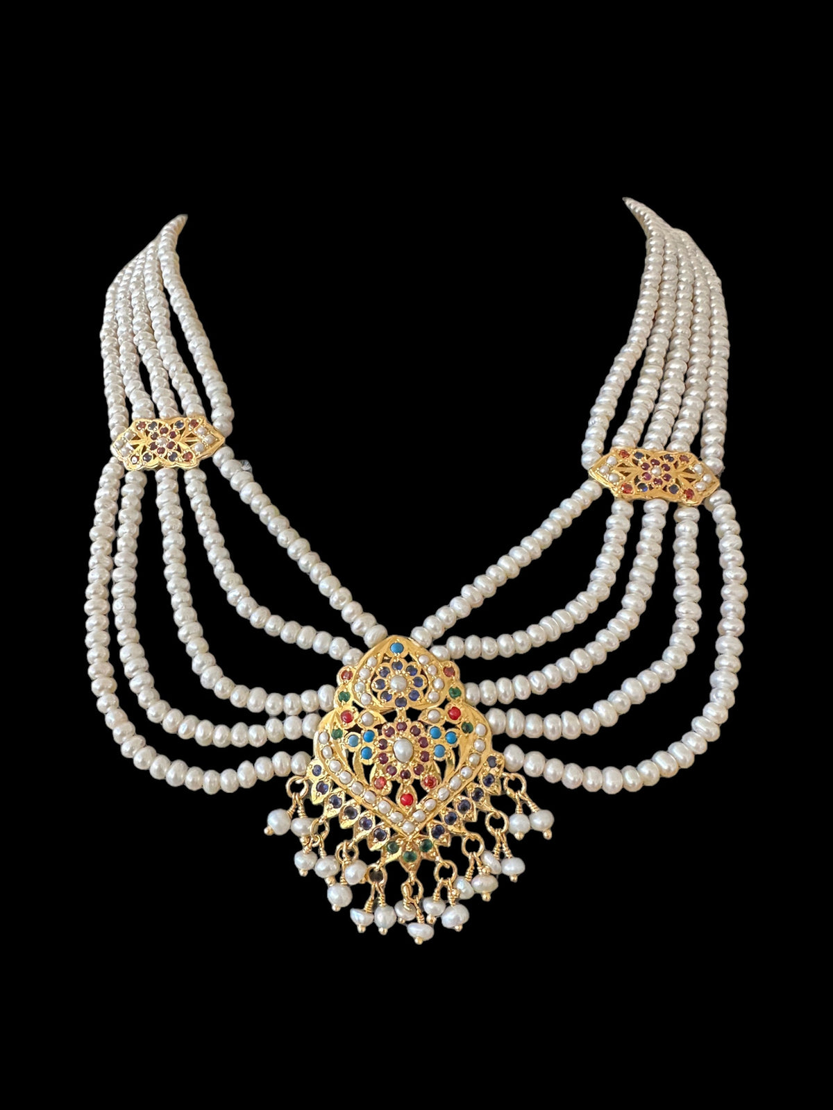 Navratan gold plated silver necklace with earrings in fresh water pearls ( SHIPS IN 5 WEEKS  )