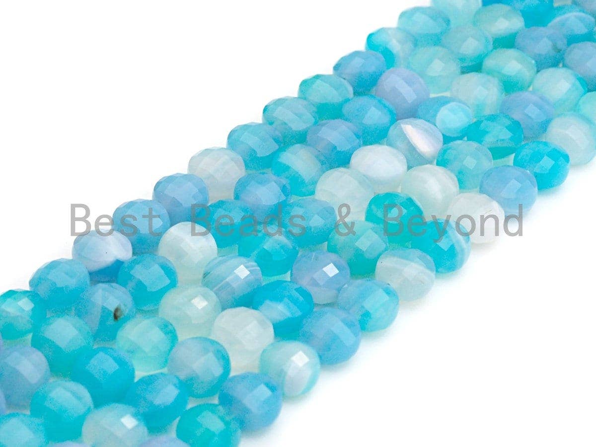 SPECIAL Double Sided Turtle Shell Cut Natural Agate Coin Shape beads, 10mm Checkerboard Cut Blue Agate Beads, 16" Full strand, Sku#U763