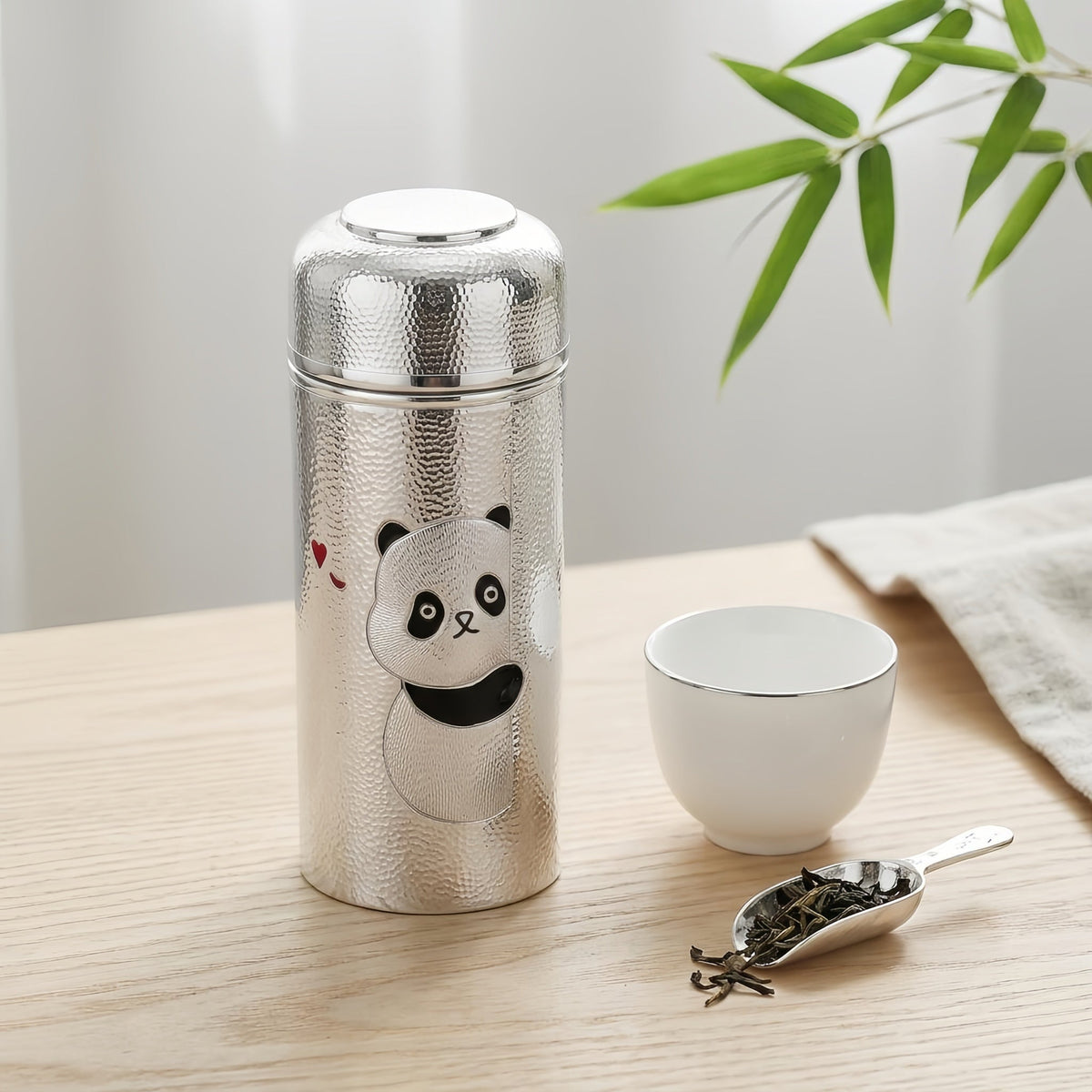 925 Sterling Silver Artistic Hammered Silver Vacuum Flask Featuring a Cute Peeking Panda Design - Handicraft