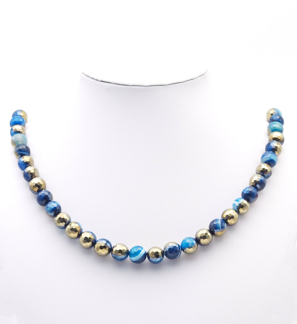 Half Gold Plated Blue Banded Agate Faceted Round Beads, 8mm/10mm, Sku#UA299