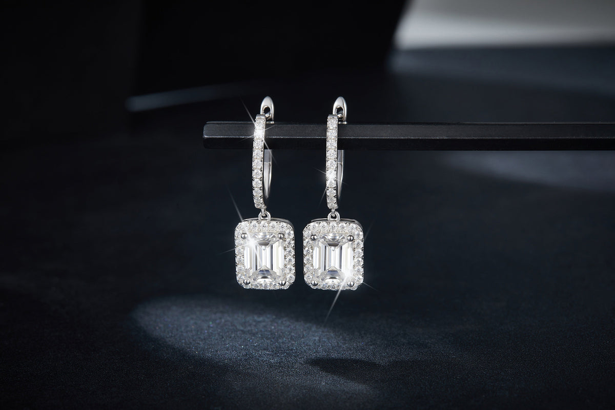S925 Sterling Silver 6x8mm Emerald Cut Moissanite Halo Hoop Earrings  Platinum Plated Drop Earrings With GRA Certificate Luxury Jewelry Gift Box Set