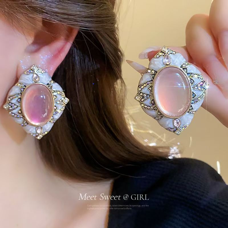 Niche Vintage Retro Earrings, Oval & Rhombus Diamond Studs, Luxury High-end Ear Jewelry