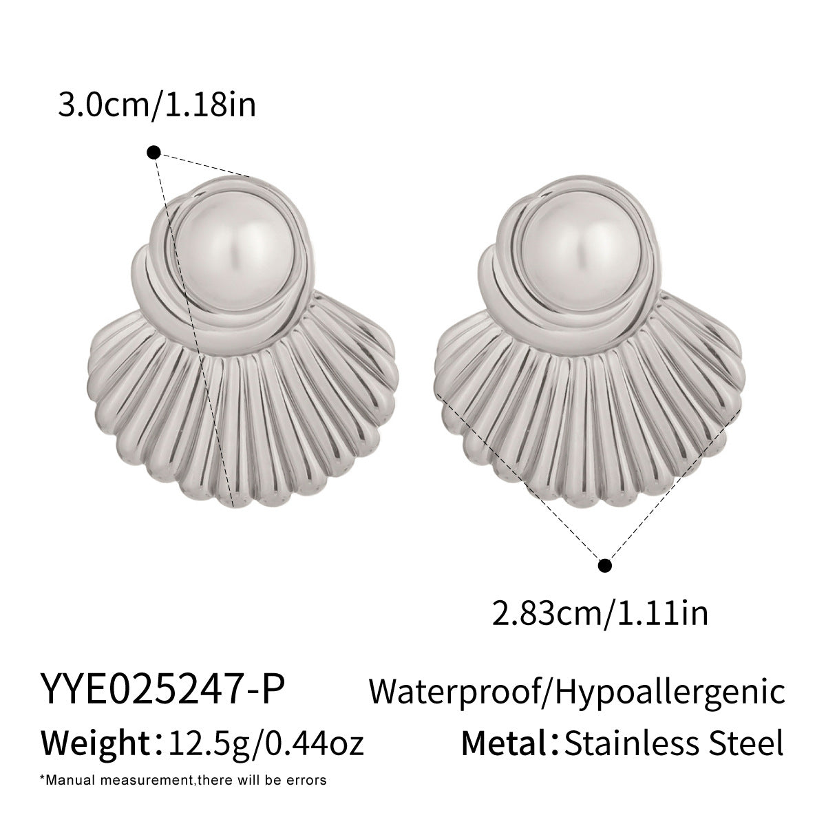Fan-shaped Striped Stud Earrings For Women With Faux Pearl Inlay And Made Of Stainless Steel