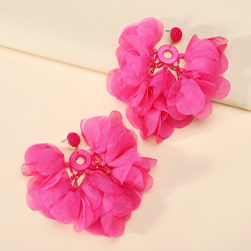 Handmade Bohemian Beaded Chiffon Flower Tassel Earrings For Women Tropical Vacation Statement Jewelry