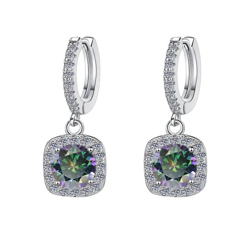 S925 Rainbow Green Moissanite Square Halo Earrings with Pavé-Set Halo & Hoop, 1ct D-Grade VVS1 Round Moissanite with GAR certification