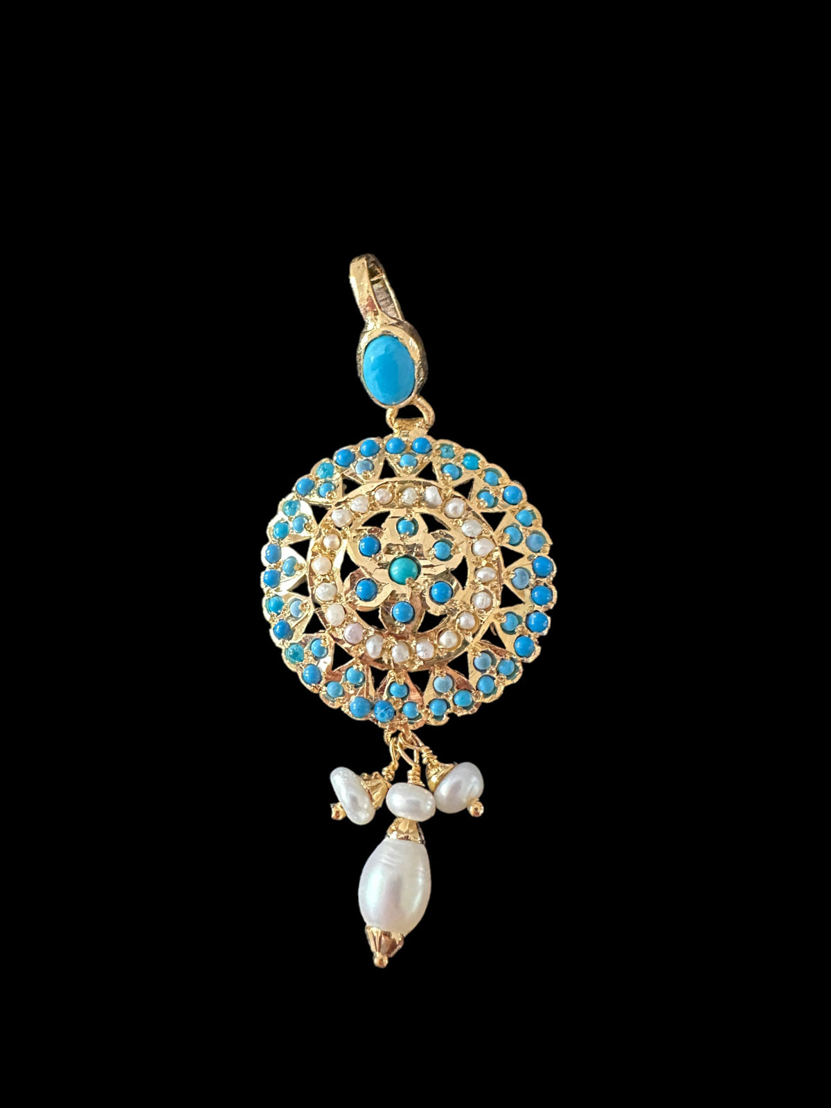 Gold plated silver pendant set in turquoise / feroza ( SHIPS IN 5 WEEKS )