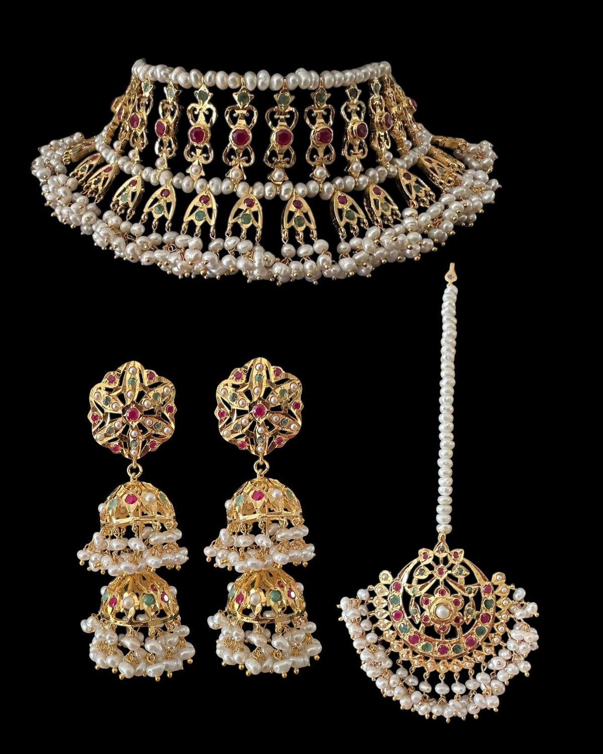 Viya bridal set in natural pearls , rubies and emeralds ( READY TO SHIP)