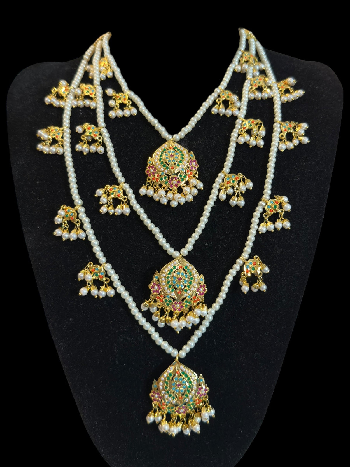 SAT112 Anya jadau 3 layered necklace / satlada in Navratan ( READY TO SHIP )