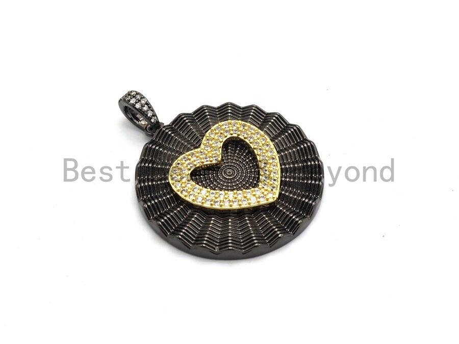 Large Pleat Round With CZ Micro Pave Heart Pendant, Cz Paved Charm/Focal Pendant, Necklace Charm Pendant, 35x38mm,sku#F661