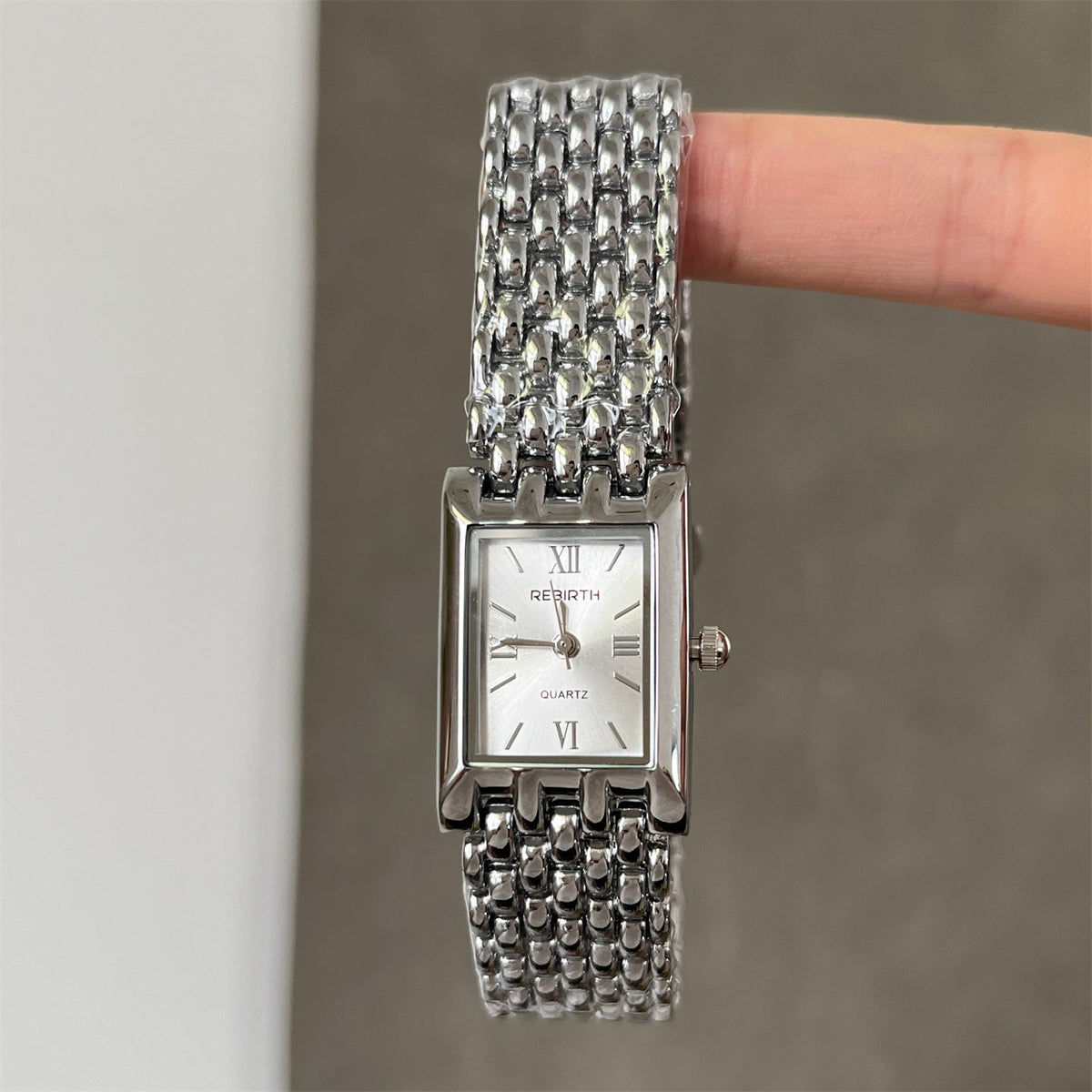 Golden Quartz Rectangular Watch With A Steel Band For Women