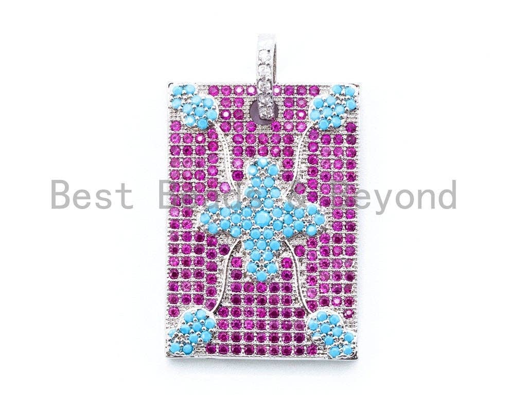 CZ Micro Pave Turquoise Fuchsia Square/Rectangular Pendant, silver/gold/black Rhodium Plated pendant, 20x34mm, sku#L18