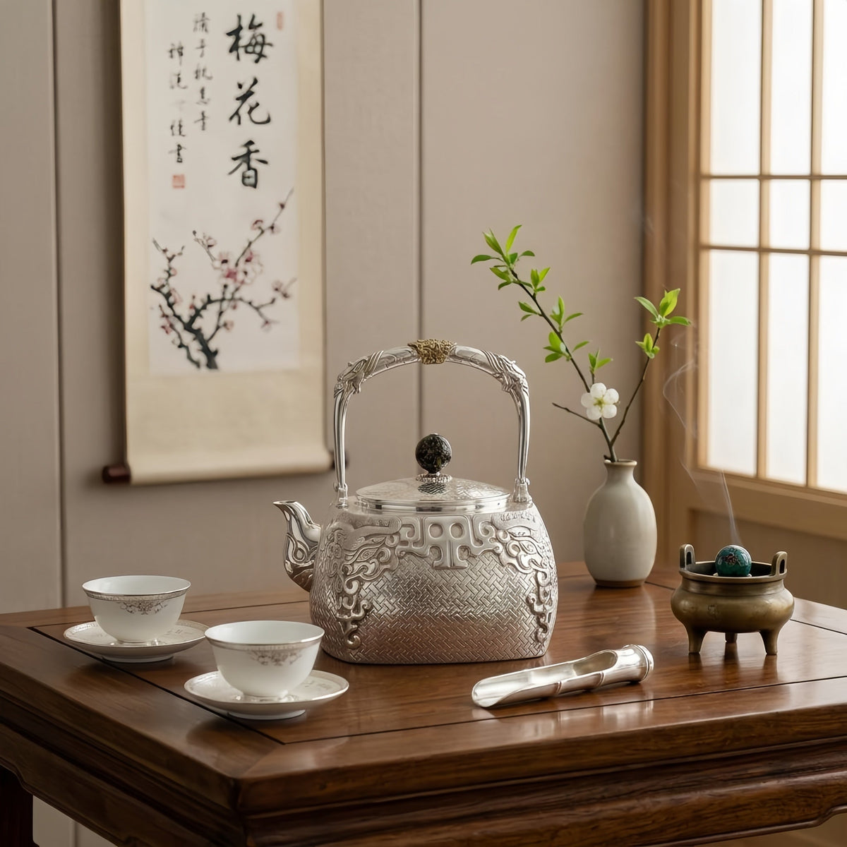Pure 999 Fine Silver Elegant Handcrafted Silver Teapot Featuring Intricate Basketweave Texture and Traditional Oriental Filigree Accents - Handicraft