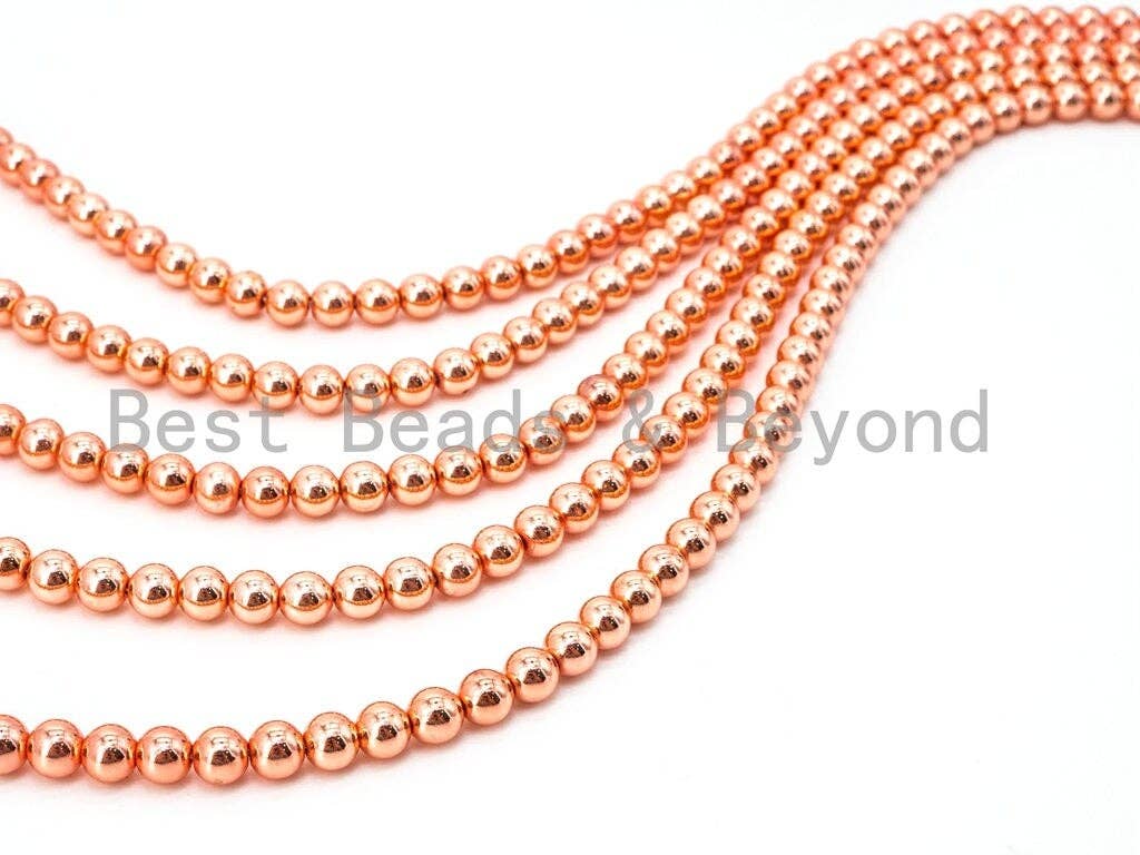 Natural Rose Gold Copper Color Hematite Beads, 3mm/4mm/6mm/8mm/10mm/12mm Round Smooth, 15-16inch Full Strand-Bright Rose Gold Beads, SKU#S2