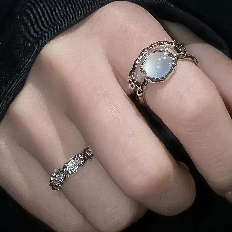 White Moonstone Couple Rings For Men & Women, Niche Zircon Inlaid French Style Adjustable Open Index Finger Jewelry