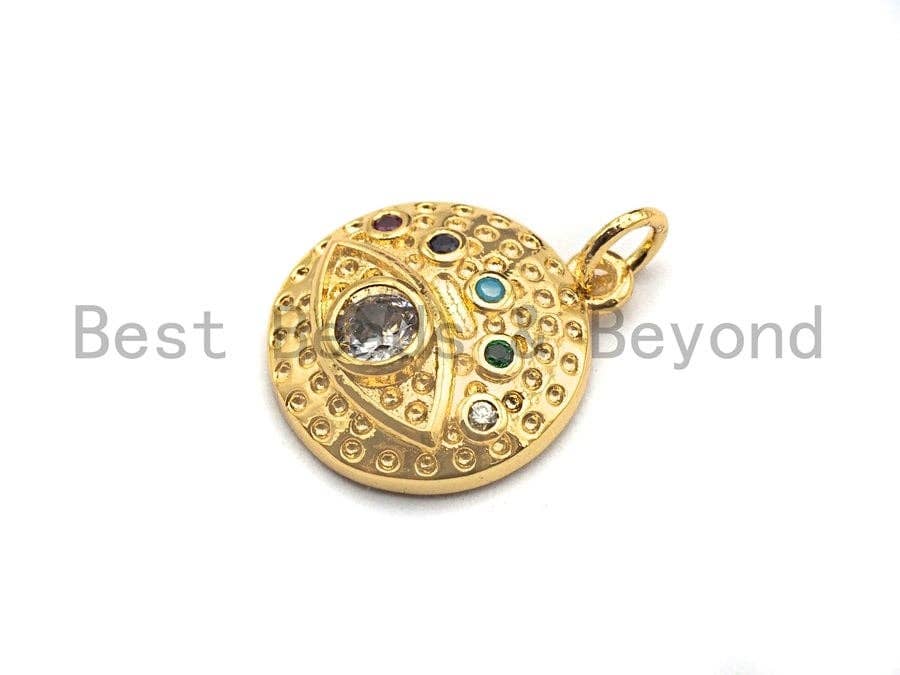 CZ Colorful Micro Pave Round  Gold With Evil Eye Coin Pendant, Coin Shaped Pave Pendant, Gold plated, 15x17mm, Sku#F866