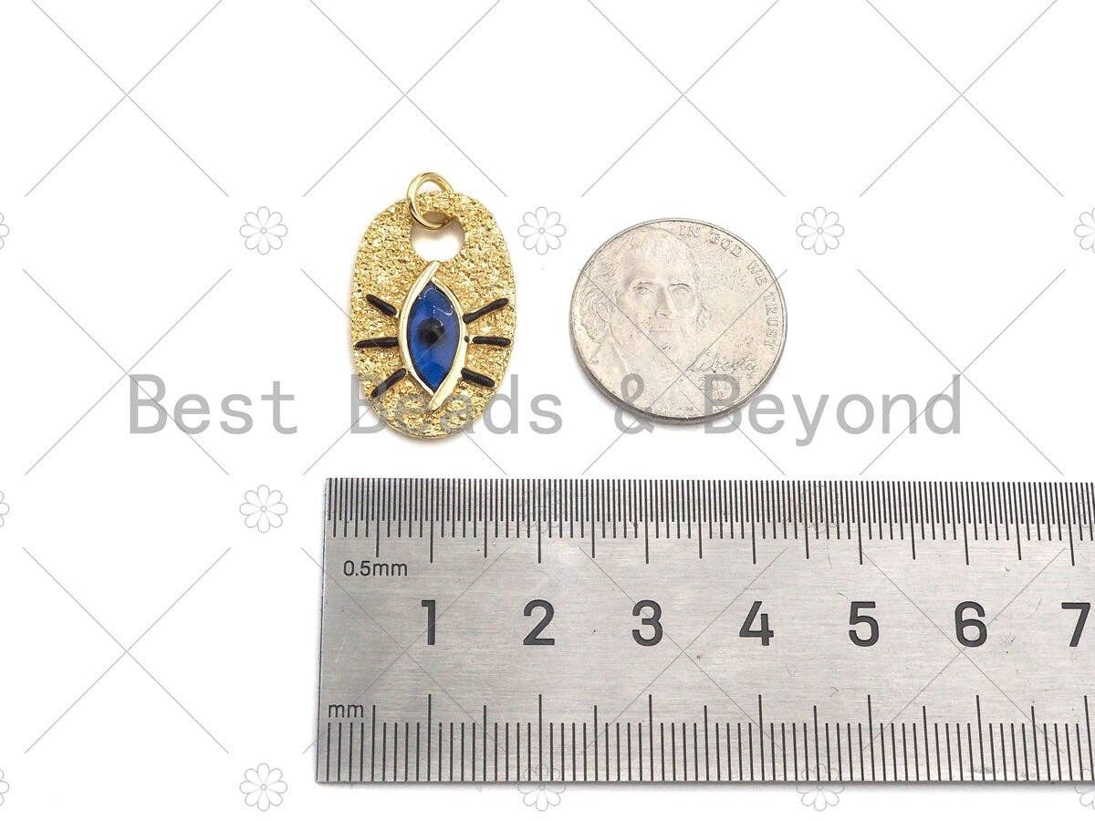 Cobalt Enamel Evil Eye On Oval Shape Pendant, 18K Gold Medallion Charm, Necklace Bracelet Charm Pendant, 25x16mm,Sku#L562