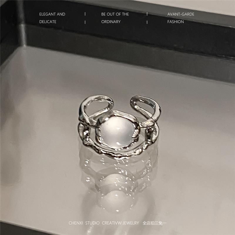 White Moonstone Couple Rings For Men & Women, Niche Zircon Inlaid French Style Adjustable Open Index Finger Jewelry
