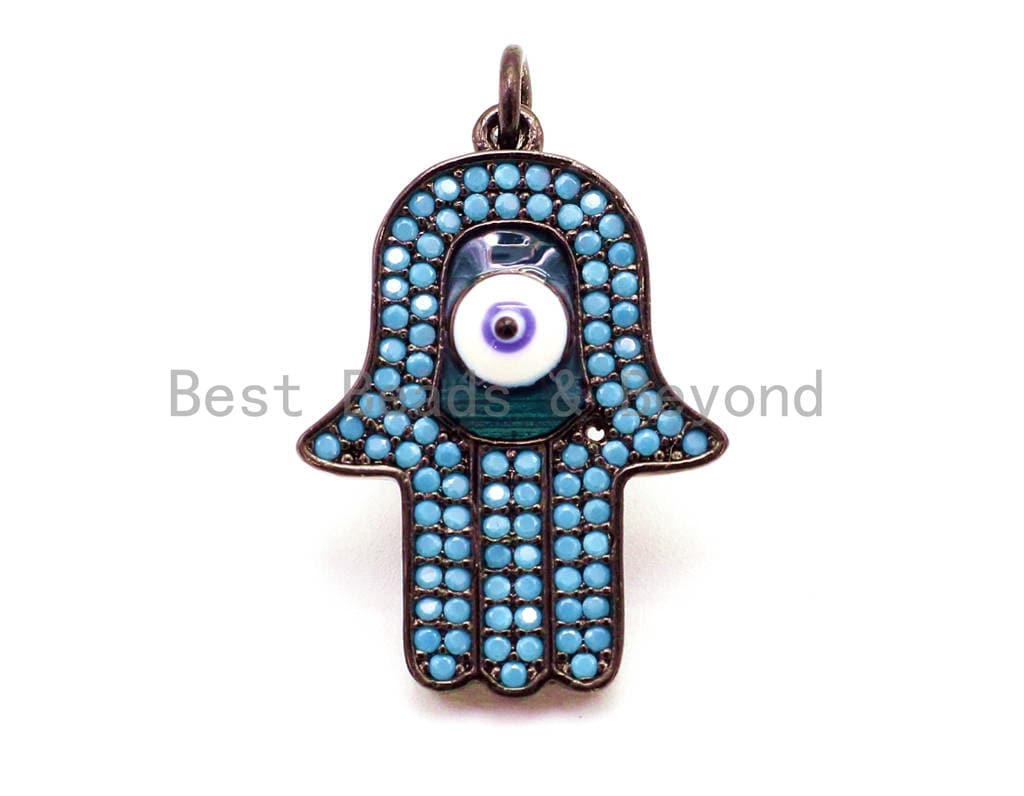 CZ Micro Pave Turquoise Hamsa Hand With Evil Eye Pendant/Charm,Cubic Zirconia Pendant,Fashion Jewelry Findings, 18x28mm, sku#F18