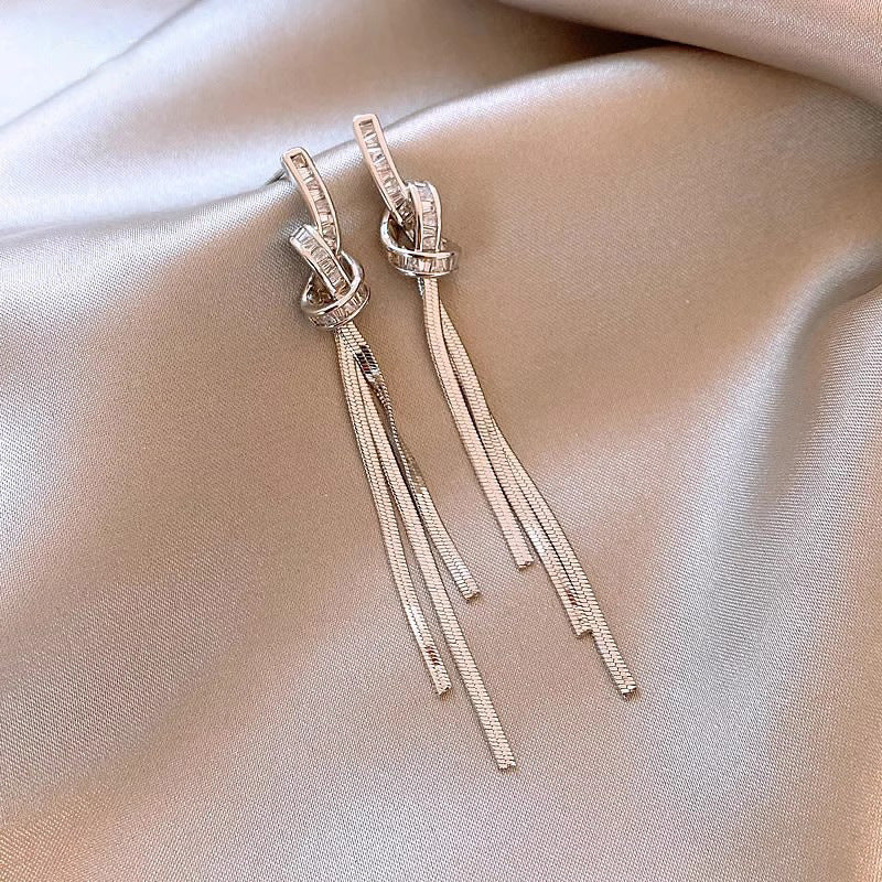Elegant Knot CZ Tassel Drop Earrings For Women, Dainty Silver Tone Cubic Zirconia Snake Chain Tassel Dangle Earrings, Luxury Minimalist Party Jewelry Gift