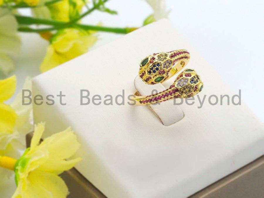 Colorful CZ Micro Pave Two Heads Snake Wrap Spiral Ring, Cubic Zirconia Gold Ring, Adjustable Ring, Open Ring 15x23x17mm,sku#X67
