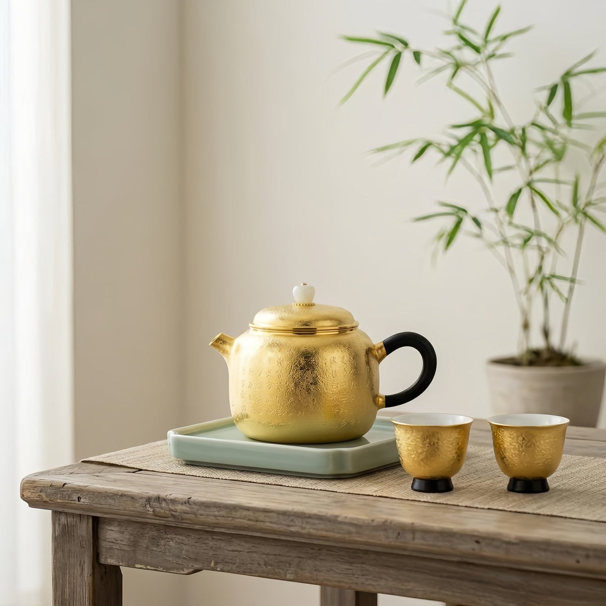 925 Sterling Silver Elegant Engraved Metallic Tea Kettle with Traditional Calligraphy and Smooth Jade Accents - Handicraft