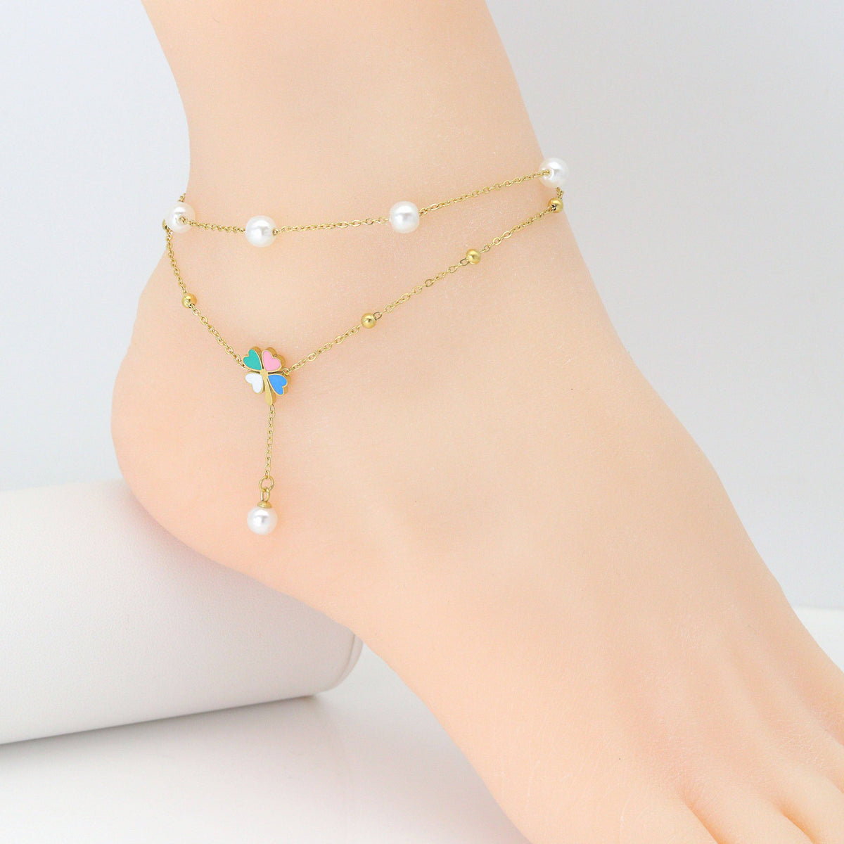 Stainless Steel Pearl Flower Anklet, Sku#BXG07